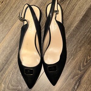 Coach Black Pointed Slingback Flats with Gold Logo Plaque